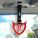 Devil Horns Broken Heart Crystal-Style Ring JDM Tsurikawa Drift Subway Train Bus Handle Strap – Universal Car Interior Hanging Charm, Black PVC X2