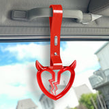 Devil Horns Broken Heart Crystal-Style Ring JDM Tsurikawa Drift Subway Train Bus Handle Strap – Universal Car Interior Hanging Charm, Red PVC X2