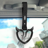 Devil Horns Broken Heart Crystal-Style Ring JDM Tsurikawa Drift Subway Train Bus Handle Strap – Universal Car Interior Hanging Charm, Carbon Fiber Pattern PVC X2