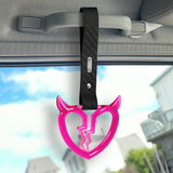 Devil Horns Broken Heart Crystal-Style Ring JDM Tsurikawa Drift Subway Train Bus Handle Strap – Universal Car Interior Hanging Charm, Carbon Fiber Pattern PVC X2