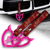Devil Horns Broken Heart Crystal-Style Ring JDM Tsurikawa Drift Subway Train Bus Handle Strap – Universal Car Interior Hanging Charm, Bosozoku Red Flowers Pattern Retro Nylon Strap X2