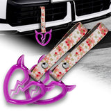 Devil Horns Broken Heart Crystal-Style Ring JDM Tsurikawa Drift Subway Train Bus Handle Strap – Universal Car Interior Hanging Charm, Bosozoku Pink Flowers Pattern Retro Nylon Strap X2