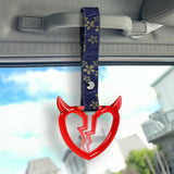 Devil Horns Broken Heart Crystal-Style Ring JDM Tsurikawa Drift Subway Train Bus Handle Strap – Universal Car Interior Hanging Charm, Bosozoku Blue Flowers Pattern Retro Nylon Strap X2