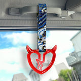 Devil Horns Broken Heart Crystal-Style Ring JDM Tsurikawa Drift Subway Train Bus Handle Strap – Universal Car Interior Hanging Charm, Bosozoku Blue Waves Pattern Retro Nylon Strap X2