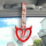Devil Horns Broken Heart Crystal-Style Ring JDM Tsurikawa Drift Subway Train Bus Handle Strap – Universal Car Interior Hanging Charm, Bosozoku Pink Flowers Pattern Retro Nylon Strap X2
