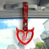 Devil Horns Broken Heart Crystal-Style Ring JDM Tsurikawa Drift Subway Train Bus Handle Strap – Universal Car Interior Hanging Charm, Bosozoku Red Flowers Pattern Retro Nylon Strap X2