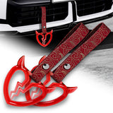 Devil Horns Broken Heart Crystal-Style Ring JDM Tsurikawa Drift Subway Train Bus Handle Strap – Universal Car Interior Hanging Charm, Bosozoku Red Clouds Pattern Retro Nylon Strap X2