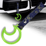 Moon Shape Crystal-Style Ring JDM Tsurikawa Drift Subway Train Bus Handle Strap – Universal Car Interior Hanging Charm, Bosozoku Blue Flowers Pattern Retro Nylon Strap X1