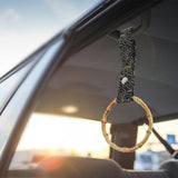 Natural Bamboo Ring JDM Tsurikawa Drift Subway Train Bus Handle Strap – Universal Car Interior Hanging Charm, Bosozoku Black Clouds Pattern Retro Fabric Strap X1