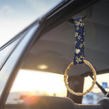 Natural Bamboo Ring JDM Tsurikawa Drift Subway Train Bus Handle Strap – Universal Car Interior Hanging Charm, Bosozoku Blue Flowers Pattern Retro Fabric Strap X1