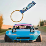 Natural Bamboo Ring JDM Tsurikawa Drift Subway Train Bus Handle Strap – Universal Car Interior Hanging Charm, Bosozoku Blue Waves Pattern Retro Fabric Strap X1