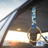 Natural Bamboo Ring JDM Tsurikawa Drift Subway Train Bus Handle Strap – Universal Car Interior Hanging Charm, Bosozoku Blue Waves Pattern Retro Fabric Strap X1