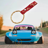 Natural Bamboo Ring JDM Tsurikawa Drift Subway Train Bus Handle Strap – Universal Car Interior Hanging Charm, Bosozoku Red Flowers Pattern Retro Fabric Strap X1