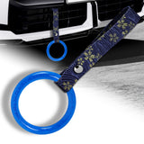 Round Crystal-Style Ring JDM Tsurikawa Drift Subway Train Bus Handle Strap – Universal Car Interior Hanging Charm, Bosozoku Blue Flowers Pattern Retro Nylon Strap X1
