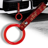 Round Crystal-Style Ring JDM Tsurikawa Drift Subway Train Bus Handle Strap – Universal Car Interior Hanging Charm, Bosozoku Red Flowers Pattern Retro Nylon Strap X1