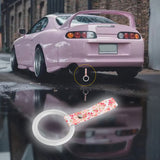 Round JDM Tsurikawa Drift Subway Train Bus Handle Strap – Universal Car Interior Hanging Charm, Bosozoku Pink Flowers Pattern Retro Nylon Strap X1