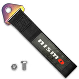 JDM NISSAN NISMO Drift Rally Sports Racing NEO CHROME HIGH STRENGTH Tow Strap for Front / Rear Bumper