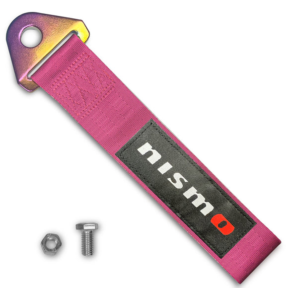 JDM NISSAN NISMO Drift Rally Sports Racing NEO CHROME HIGH STRENGTH Pink Tow Strap for Front / Rear Bumper