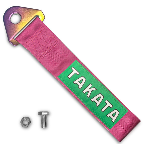 JDM TAKATA SPORTS RACING Drift Rally NEO CHROME HIGH STRENGTH Pink Tow Strap for Front / Rear Bumper