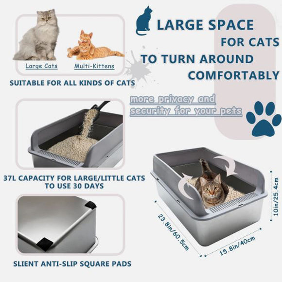 Extra Large Stainless steel cat litter box, High Sides, Odor-Free, Non Stick and Easy Clean