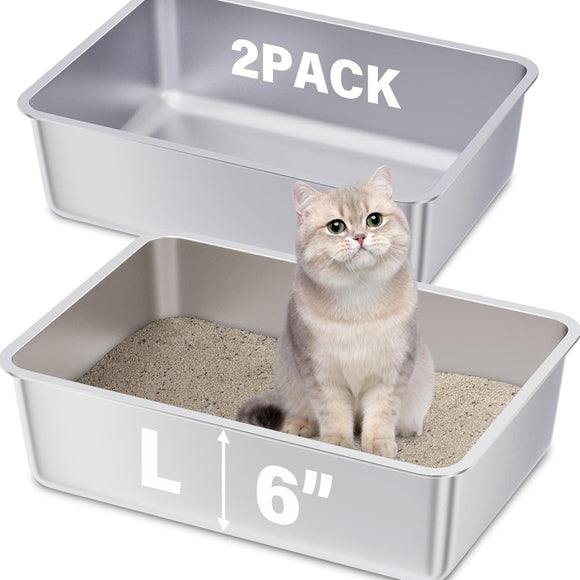 Stainless Steel Litter Box 2 Pack, Deep Stainless Steel Cat Litter Box, XL, 19.7