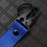 Nissan Set Blue Keychain Metal Key Ring with Black Carbon Fiber Look Seat Belt Covers