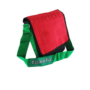 Red GRADATION CROSSBODY SHOULDER BRIDE RACING BAG W/ TAKATA GREEN HARNESS STRAP