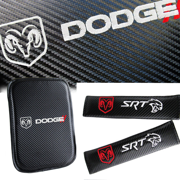 SRT DODGE Embroidered Set Armrest Cushion Center Console Cover Pad Mat with Seat Belt Cover Carbon Fiber Look