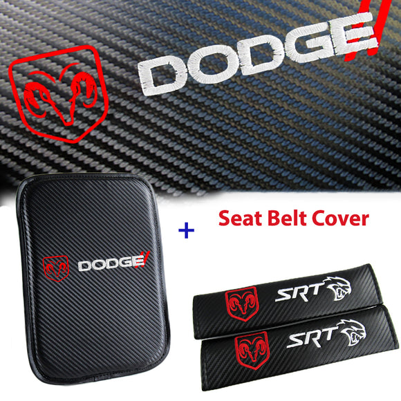 DODGE SRT Embroidered Set Armrest Cushion Center Console Cover Pad Mat with Seat Belt Cover Carbon Fiber Look