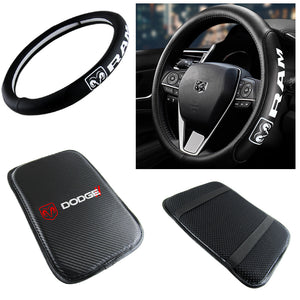 NEW DODGE RAM Set Black 15" Diameter Car Auto Steering Wheel Cover Quality Leather with Center Console Armrest Cushion Mat Pad Cover