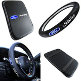 FORD RACING Set Black 15" Diameter Car Auto Steering Wheel Cover Quality Leather with FORD Center Console Armrest Cushion Mat Pad Cover