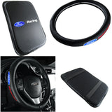 FORD RACING Set Black 15" Diameter Car Auto Steering Wheel Cover Quality Leather with Center Console Armrest Cushion Mat Pad Cover
