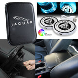 JAGUAR Car Center Console Embroidery Armrest Cushion Mat Pad Cover Stitched Logo with LED Cup Coaster Set