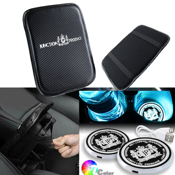 JP JUNCTION PRODUCE Car Center Console Armrest Cushion Mat Pad Cover Stitched Embroidery Logo with LED Cup Coaster Set