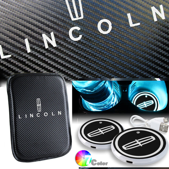 Lincoln Car Center Console Armrest Cushion Mat Pad Cover Stitched Embroidery Logo with LED Cup Coaster Set