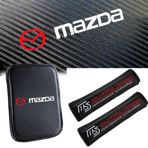 Mazda Mazda Speed Set of Carbon Fiber Look Embroidered Armrest Cushion & Cotton Seat Belt Cover