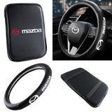 MAZDA Mazda Speed Set Black 15" Diameter Car Auto Steering Wheel Cover Quality Leather with Center Console Armrest Cushion Mat Pad Cover