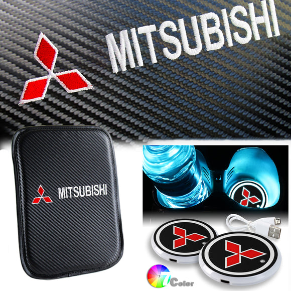 MITSUBISHI Car Center Console Armrest Cushion Mat Pad Cover Stitched Embroidery Logo with LED Cup Coaster Set