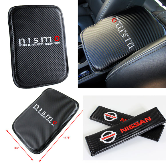 NISSAN NISMO Car Center Console Armrest Cushion Mat Pad Cover Stitched Embroidery Logo with Seat Belt Cover Set
