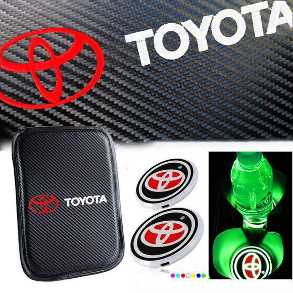 New Toyota Car Center Console Armrest Cushion Mat Pad Cover Stitched Embroidery Logo with LED Cup Coaster Set