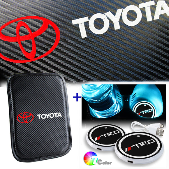 Toyota TRD Car Center Console Armrest Cushion Mat Pad Cover Stitched Embroidery Logo with LED Cup Coaster Set