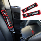 Toyota TRD Set of Carbon Fiber Look Embroidered Armrest Cushion & Soft Touch Cotton Material Seat Belt Covers New
