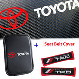 Toyota TRD Set of Carbon Fiber Look Embroidered Armrest Cushion & Soft Touch Cotton Material Seat Belt Covers New