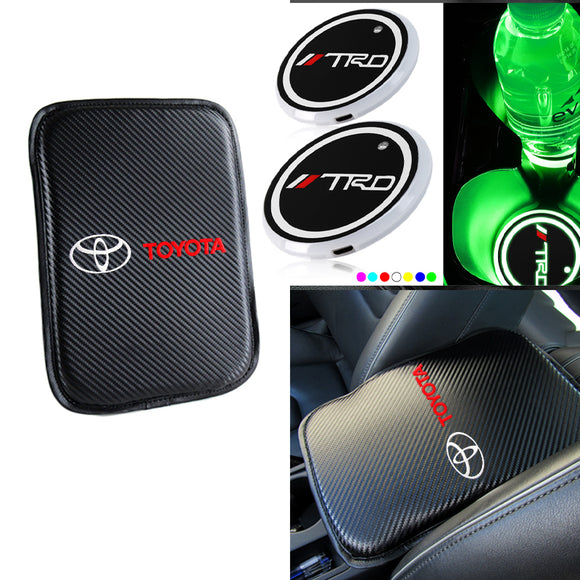 New Toyota TRD Car Center Console Armrest Cushion Mat Pad Cover Stitched Embroidery Logo with LED Cup Coaster Set