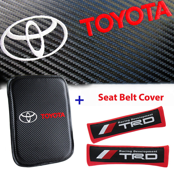 Toyota TRD New Set of Carbon Fiber Look Embroidered Armrest Cushion & Soft Touch Cotton Material Red Seat Belt Covers