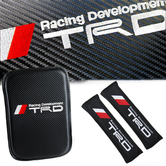 New Toyota TRD Set of Carbon Fiber Look Embroidered Armrest Cushion & Soft Touch Cotton Material Seat Belt Covers