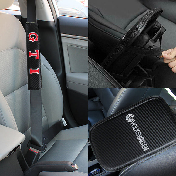 Volkswagen GTI Golf Car Center Console Armrest Cushion Mat Pad Cover Stitched Embroidery Logo with Seat Belt Cover Set