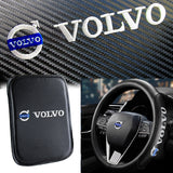 VOLVO Black 15" Diameter Car Auto Steering Wheel Cover Genuine Leather with Center Console Armrest Cushion Mat Pad Cover Stitched Embroidery Logo