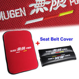 Red JDM MUGEN POWER Fabric Car Center Armrest Cushion Pad + Seat Belt Cover Set