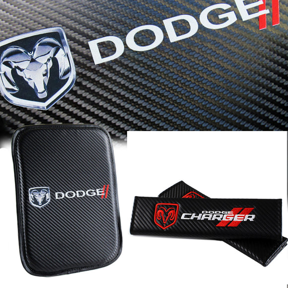 DODGE Charger// Set Armrest Cushion Center Console Cover Pad Mat with Seat Belt Cover Carbon Fiber Look